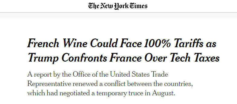 被加征25%关税后，法国葡萄酒或再次面临美国100%关税