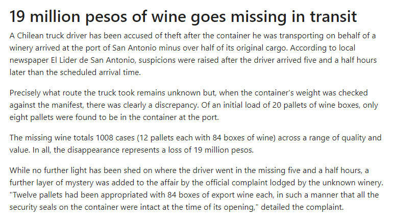 封条完整下的葡萄酒失踪，智利一卡车司机被指控盗窃