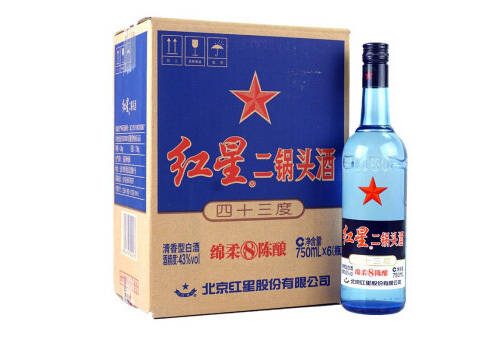 43度北京红星蓝瓶二锅头酒绵柔8陈酿6瓶整箱价格？