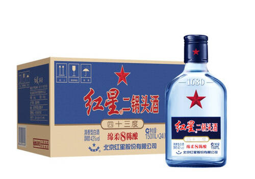 43度北京红星蓝瓶二锅头酒绵柔8陈酿150mlx24瓶整箱价格？