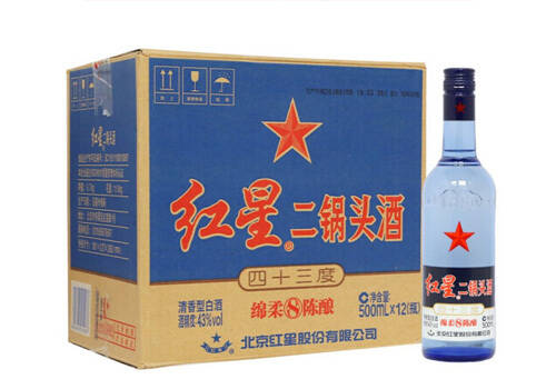 43度北京红星二锅头酒绵柔八年陈酿12瓶整箱价格？