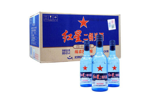 43度北京红星蓝瓶二锅头酒清香型绵柔8陈酿250mlx24瓶整箱价格？