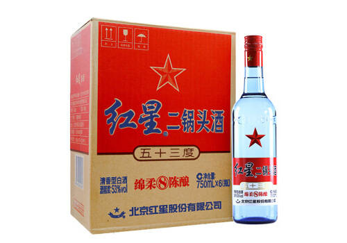 53度北京红星二锅头酒蓝瓶绵柔8陈酿清香型白酒6瓶整箱价格？