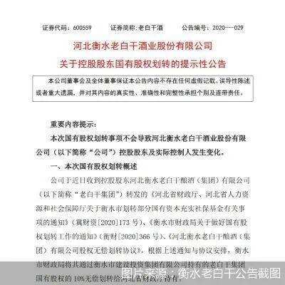衡水老白干10%国有股权划转至河北省财政厅