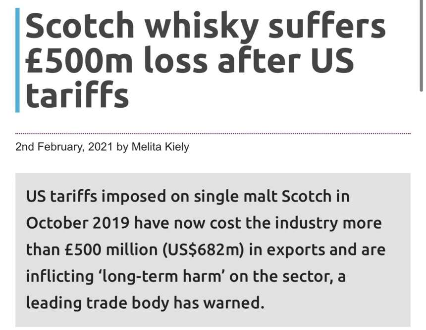 苏格兰威士忌在美国加征关税后，出口损失超5亿英镑