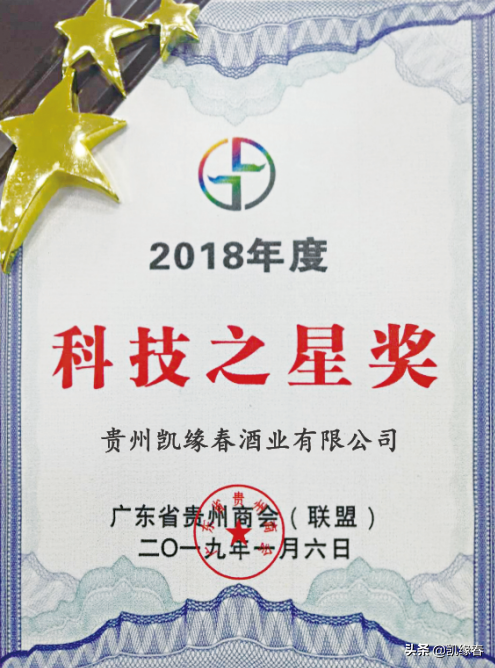 凯缘春酒业荣获2019广东省贵州商会（联盟）科技之星奖